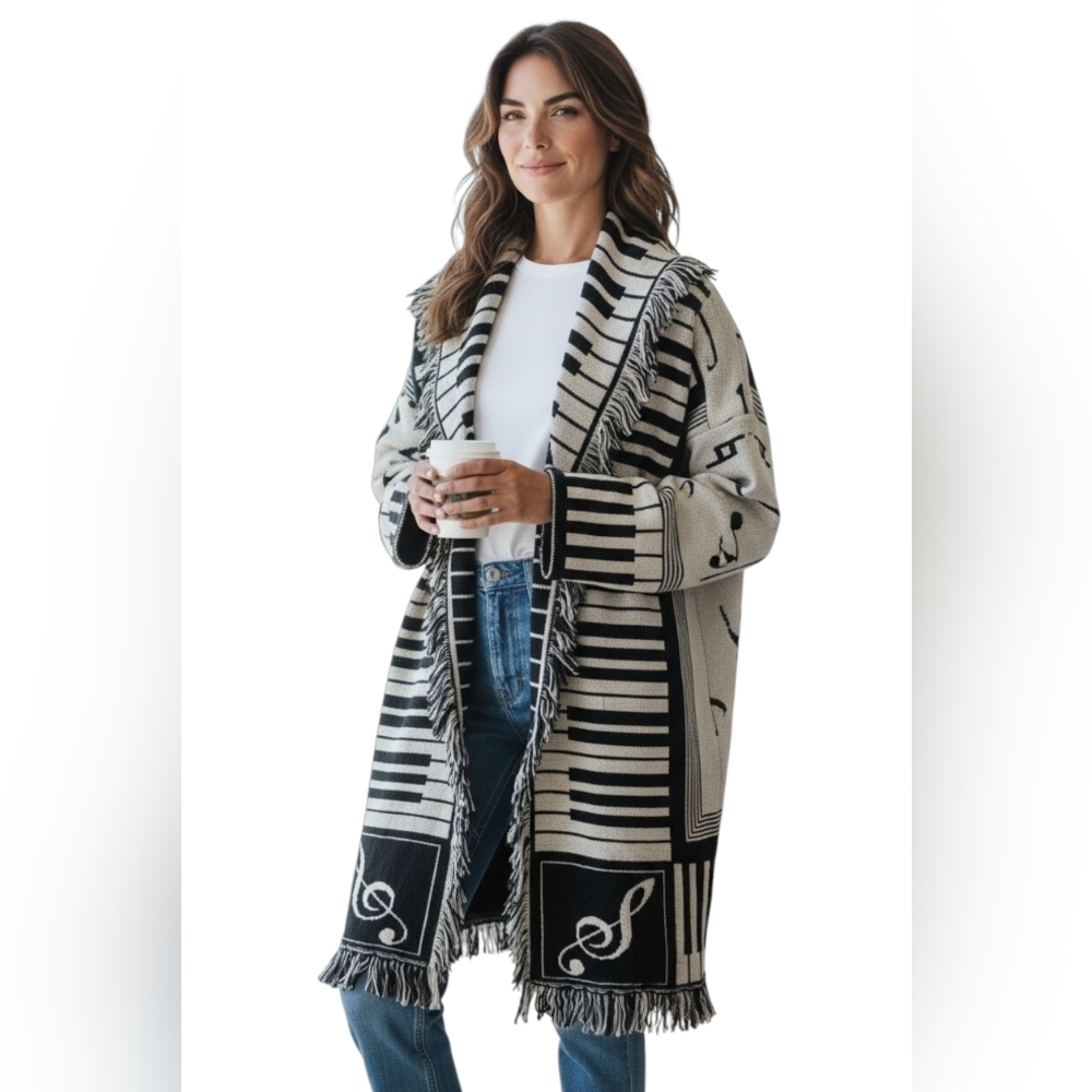 Vintage Blanket Tapestry Coat Piano Long Cardigan Jacket Music Notes Fringe Boho